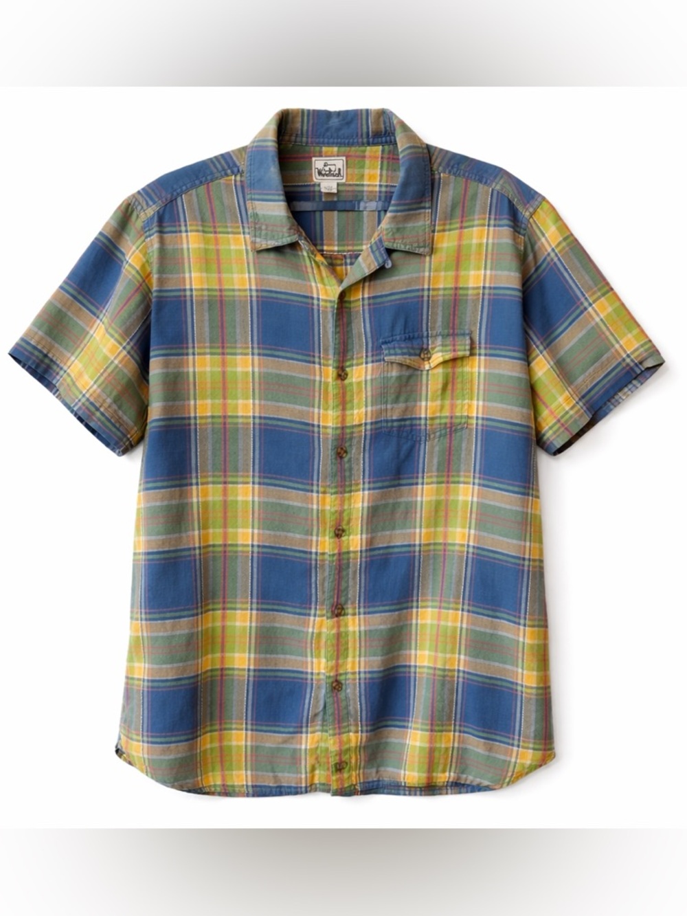Woolrich Plaid Short Sleeve Button Down Shirt Men’s XL Blue Green Yellow Cotton